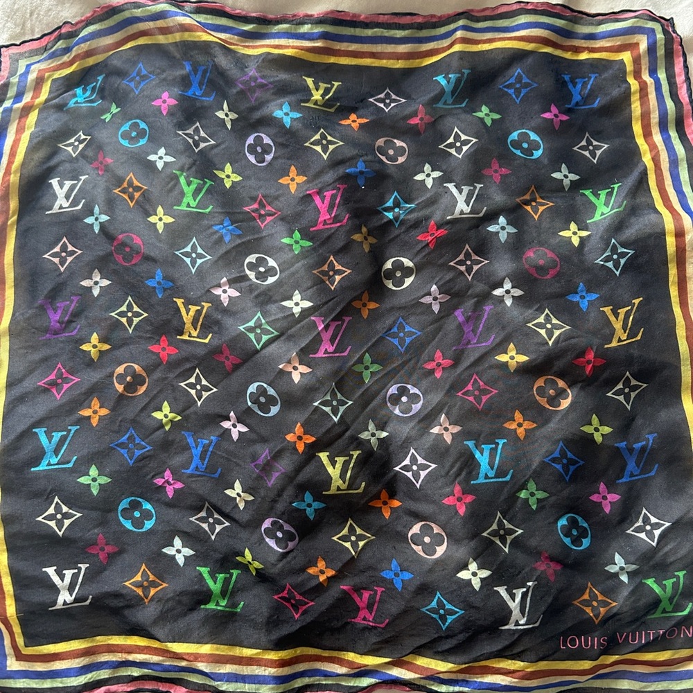 AUTHENTIC Louis Vuitton Marukami Black Rainbow Monogram Silk Scarf